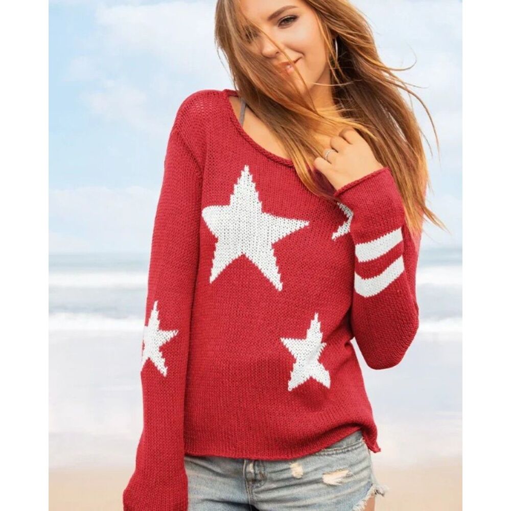 Wooden Ships Paola Buendia Red Star Open Knit Sweater Size Small Medium